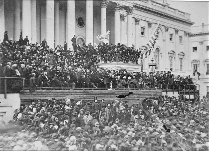 Alexander Gardner’s photograph of Lincoln’s second inauguration is the only known photograph of the event. Lincoln is standing at the center, papers in hand, delivering his address. (Beinecke Rare Book and Manuscript Library, Meserve-Kunhardt Collection) 
