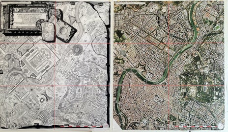  Piranesi's view of the Eternal City, from his Campo Marzio dell'antica Roma; an aerial view of modern Rome (right).