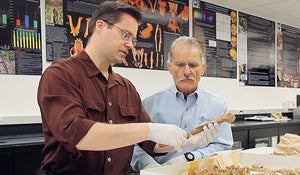 Yale anthropologist Gary Aronsen and Nicholas Bellatoni, Connecticut state archaeologist, examine the bones discovered in 2012 on the New Haven Green.