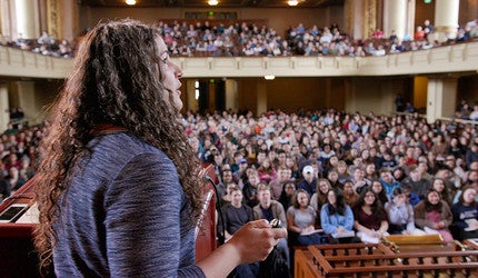 Laurie Santos teaches “The Science of Wellbeing” at Woolsey Hall in 2018.  