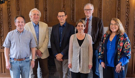 Yale College Dean Pericles Lewis with prizewinners Carlos Eire, John Lafferty, Adriane Steinacker, David Blight, and Margherita