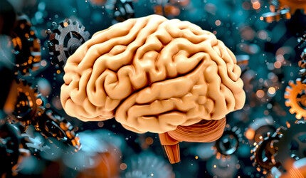 A human brain, background mechanical gears