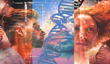 Two people superimposed over DNA helix and data background