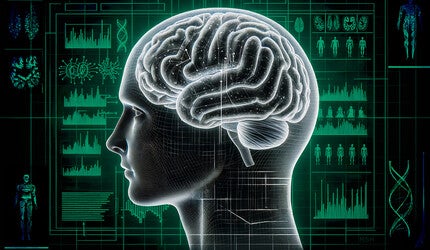 Illustration: Transparent human head with visible brain. A green LED display with biometrics in the background.