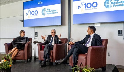 Yale School of Nursing Dean Azita Emami, President Peter Salovey, and Rajiv Shah, president of the Rockefeller Foundation.
