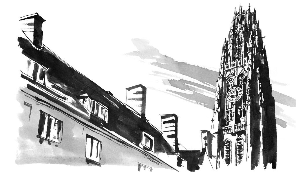 Black and white illustration of Harkness Tower.