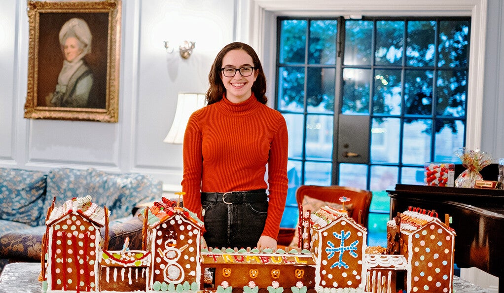 Nellie Conover-Crockett ’22 and her gingerbread Trumbull College