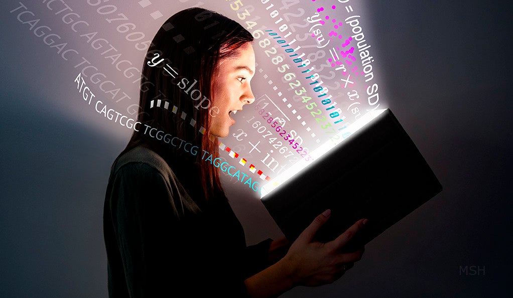 A young woman looks into an open book, and is bombarded by light, math, DNA sequencing, and other data.