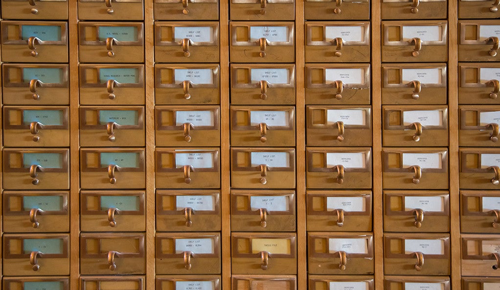 Old Fashioned Wooden Library Card Catalog Drawers