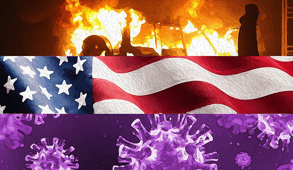 Collage: protest, American flag, and COVID-19 virus