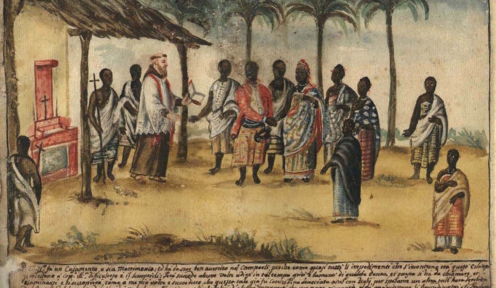 This watercolor by Capuchin monk Bernardino D’Asti depicts a Christian wedding ceremony in the kingdom of Kongo, circa 1750.