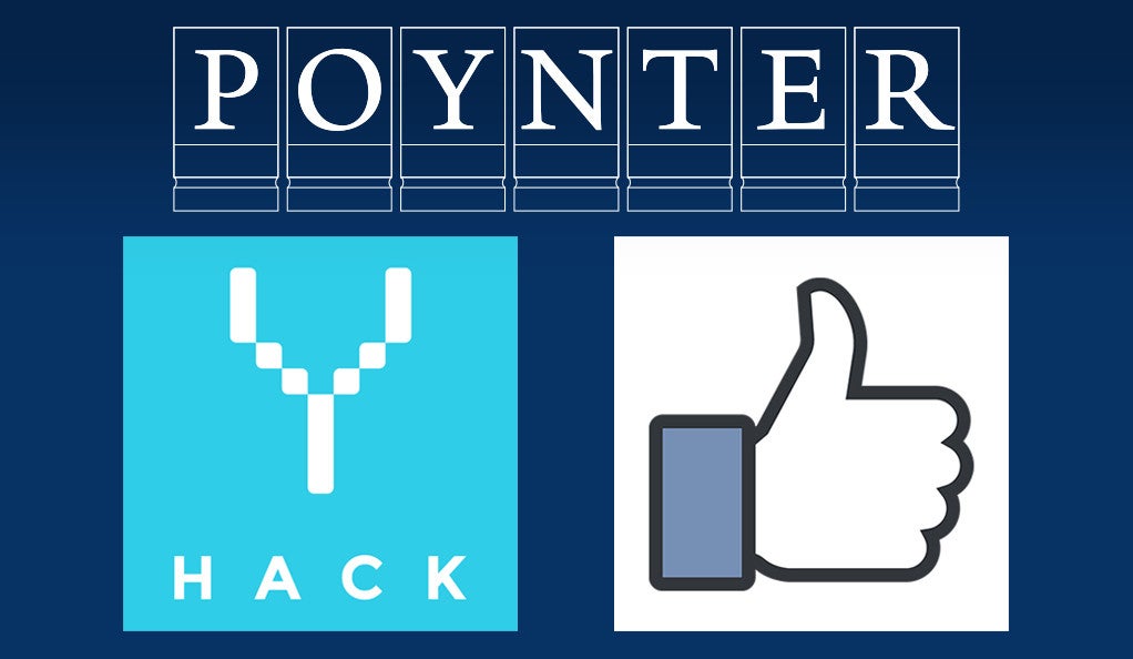 A graphic combining Facebook's "thumbs-up" icon and the logo for YHACK hackathon.