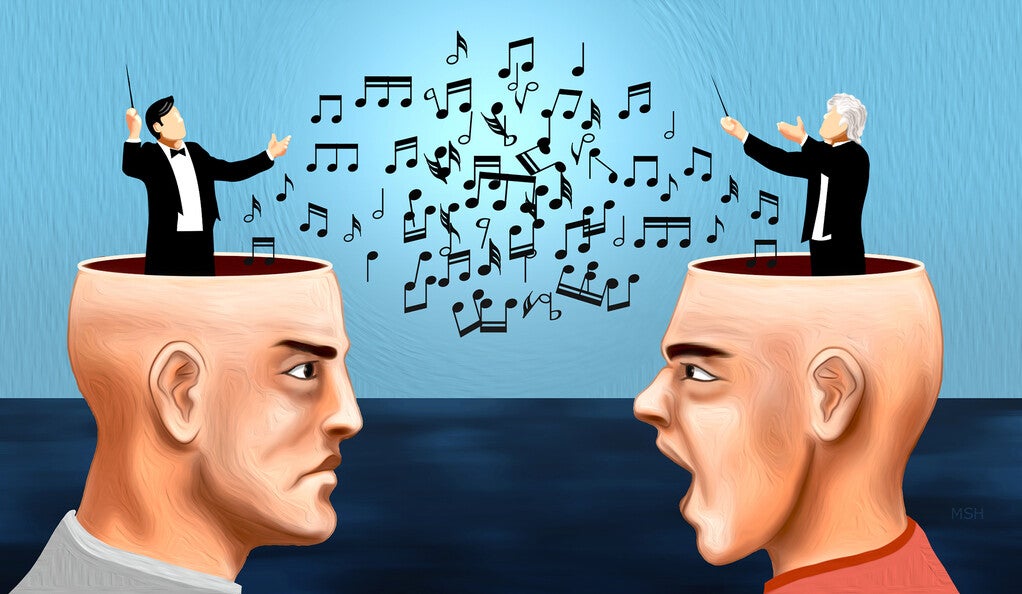 Two people arguing with musical notes crashing in disarray. 