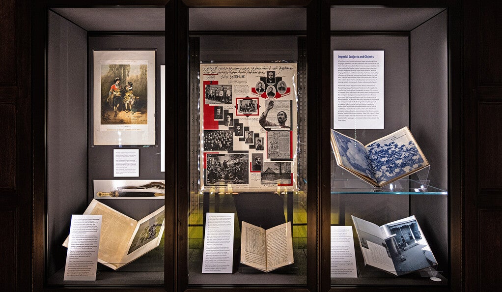 Display case of books, photographs, and other objects from Yale’s Slavic collections.
