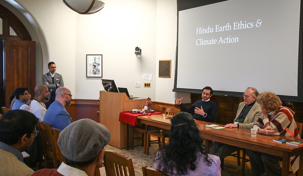A panel discussion underway during The Hindu Earth Ethics and Climate Action conference at Yale. (Photo by Andy Lee)