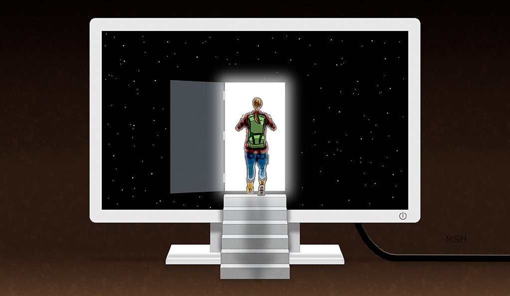 An illustration of a woman with exploration gear entering an open door in a computer monitor.