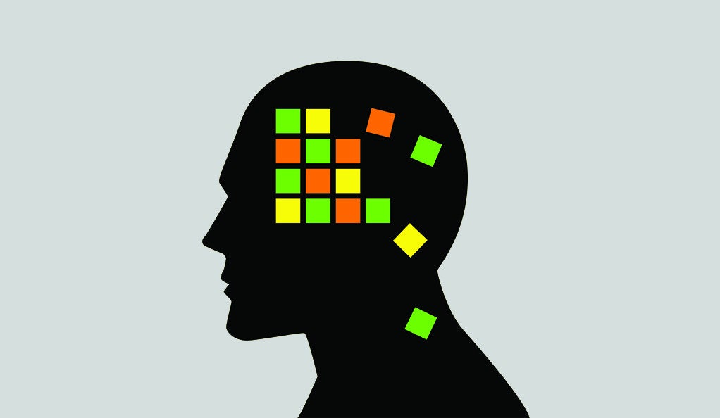 A grid of colored blocks tumbling within the silhouette of a man’s profile.