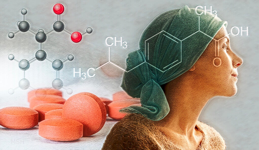 Collage of ibuprofen, molecules, and a woman with cancer
