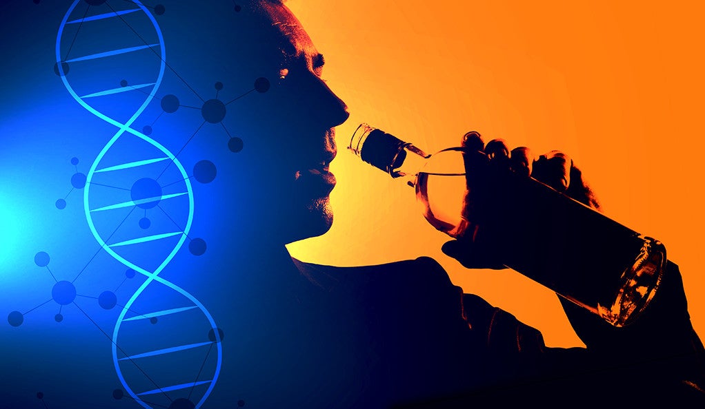 Composite of a man drinking liquor and a DNA strand