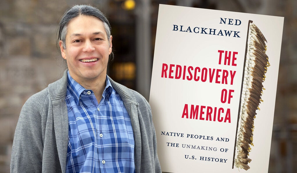 Ned Blackhawk with his book “The Rediscovery of America.”