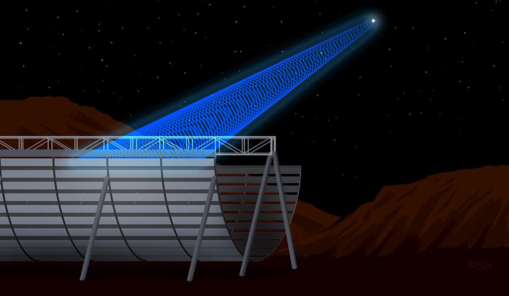Illustration of a radio signal being received from space by the CHIME telescope