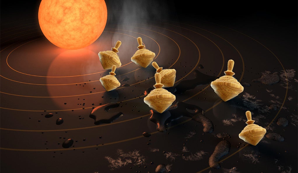 An illustration depicting a solar system with planets replaced by spinning tops. 