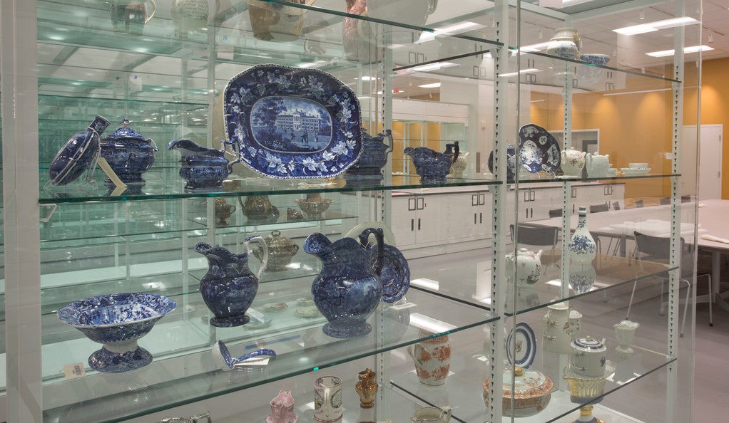 Shelves of blue and white ceramics