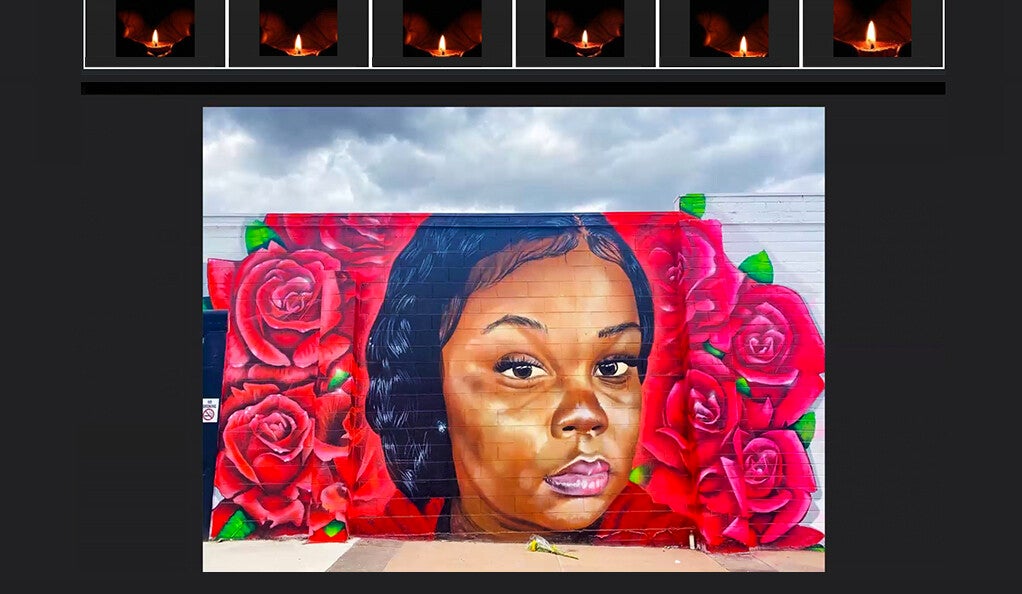 A screenshot of a Zoom vigil: a mural of Breonna Taylor with participants holding candles in windows above