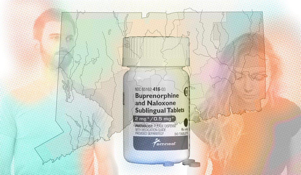 Connecticut map and buprenorphine/naxolone pill bottle superimposed over man and woman.