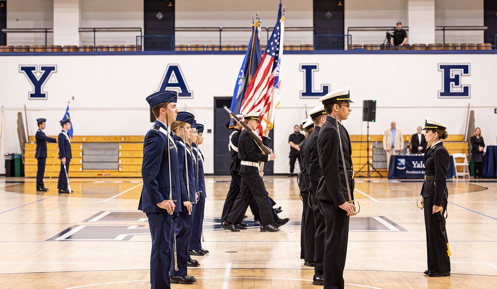 Cadets and midshipmen standing in a block