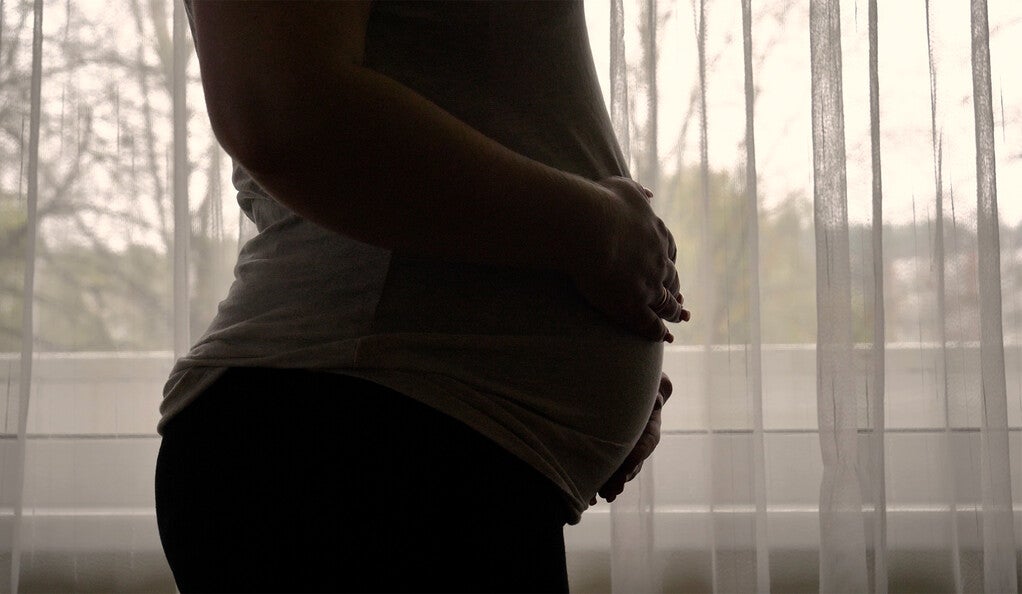 Silhouette of a pregnant woman in front of a window
