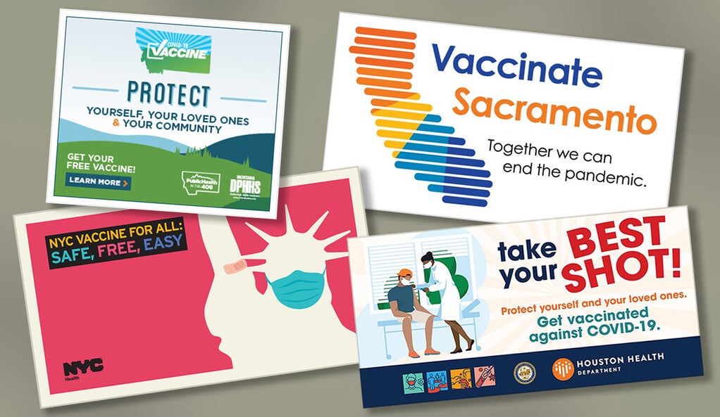 Various COVID-19 vaccination campaign advertisements.