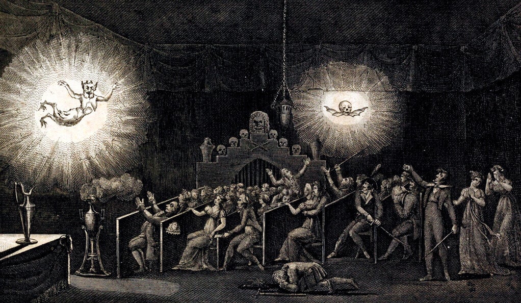 Robertson's phantasmagoria, Paris, 1797, black-and-white etching of ghouls scaring a hall of people