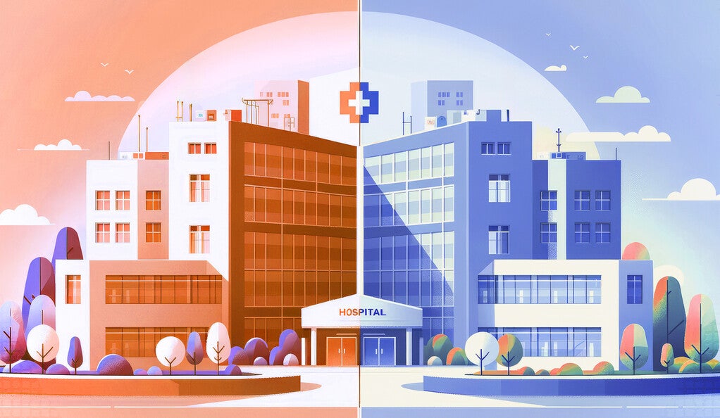 Illustration of a hospital split into a red half and a blue half.