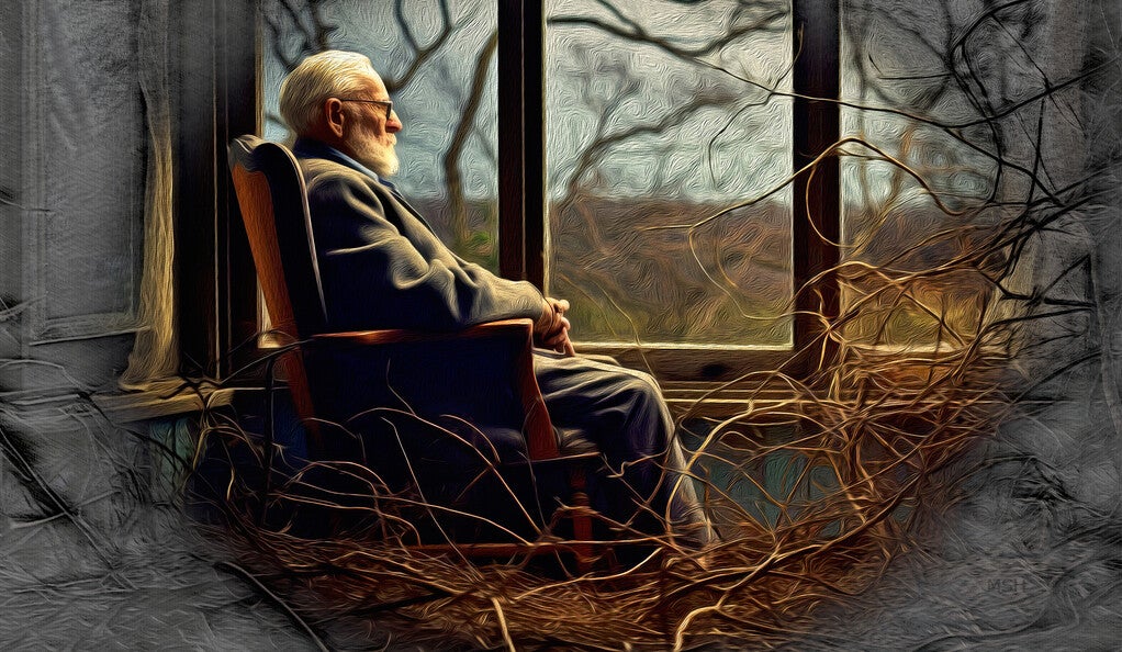 Woody vines encircling an old man in a chair