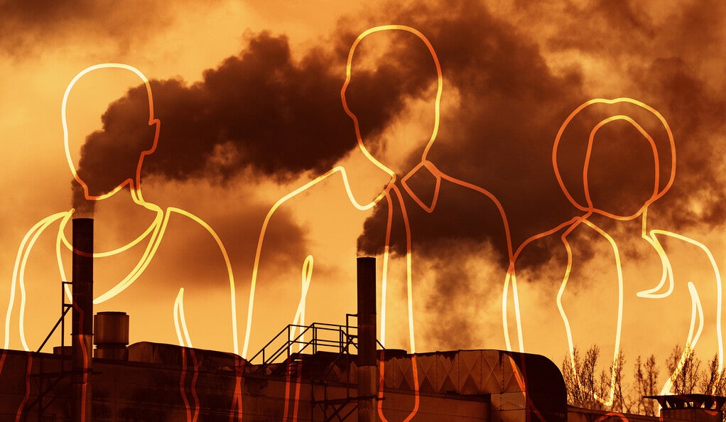 Outline of three people over an image of smokestacks