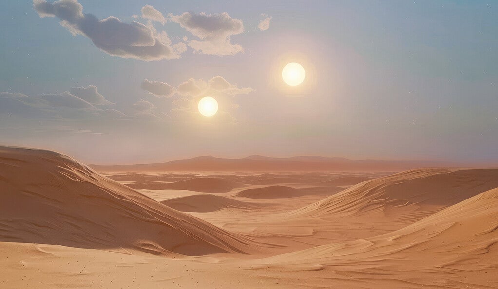 Desert with two suns in the sky