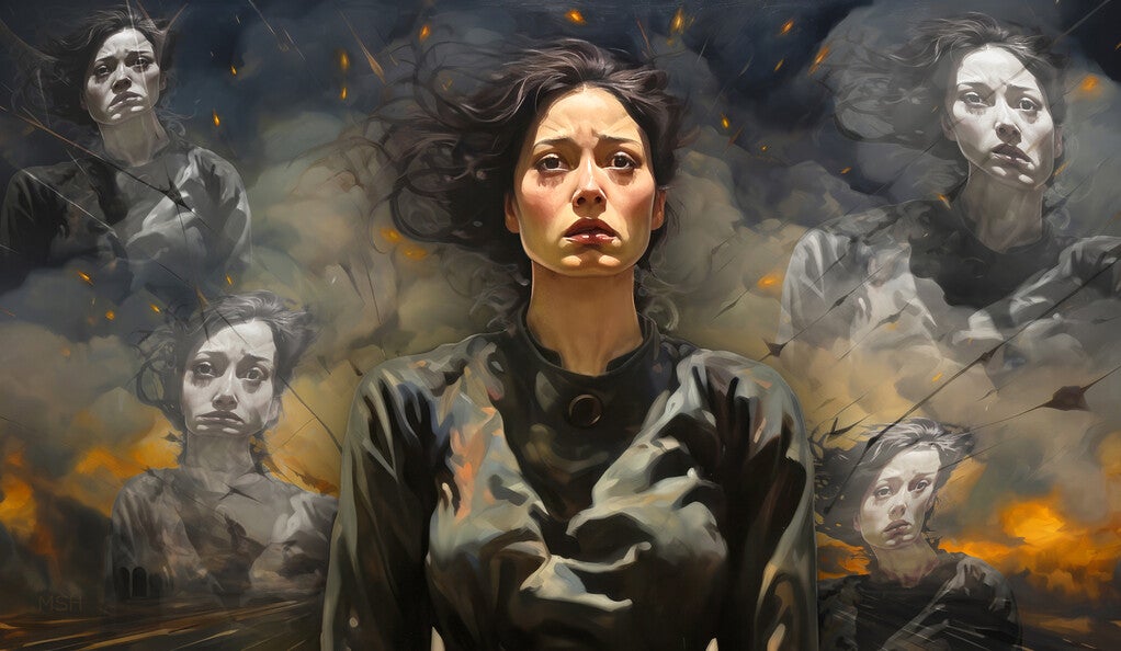 Illustration of woman surrounded by fractured reflections