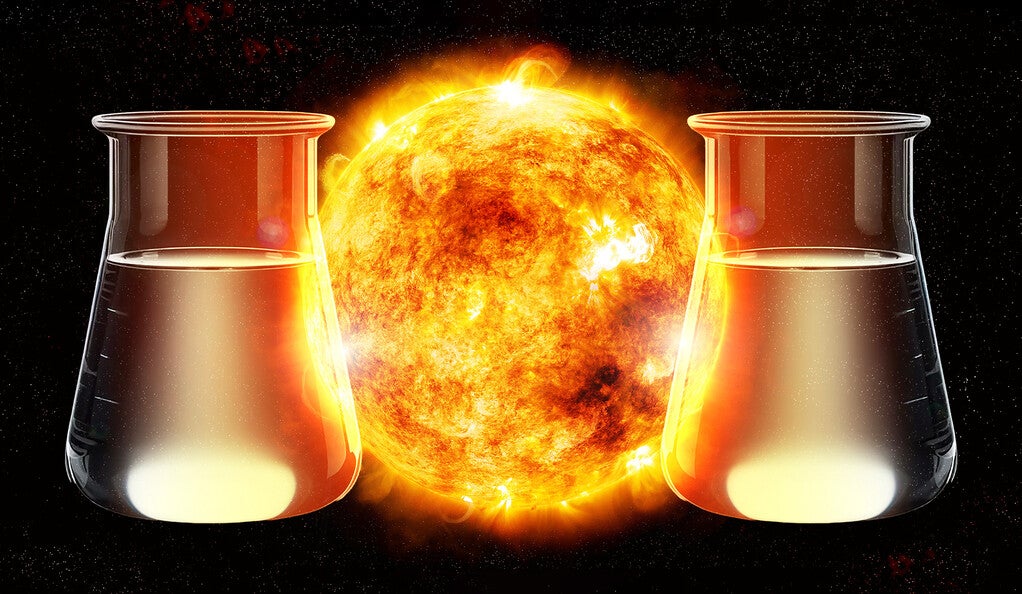 Illustration: Beakers of fuel next to a close-up image of the sun.