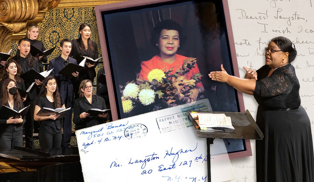 Yale Camerata singers, a photo of Margaret Bonds with some of her letters to Langston Hughes, and conductor Felicia Barber