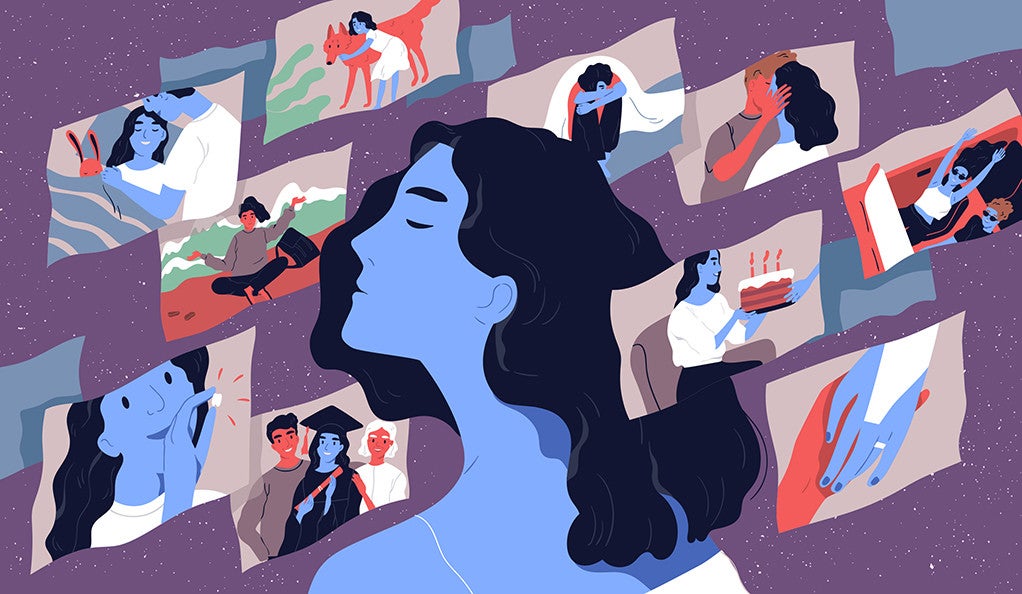 Illustration of a woman revisiting a collection of memories