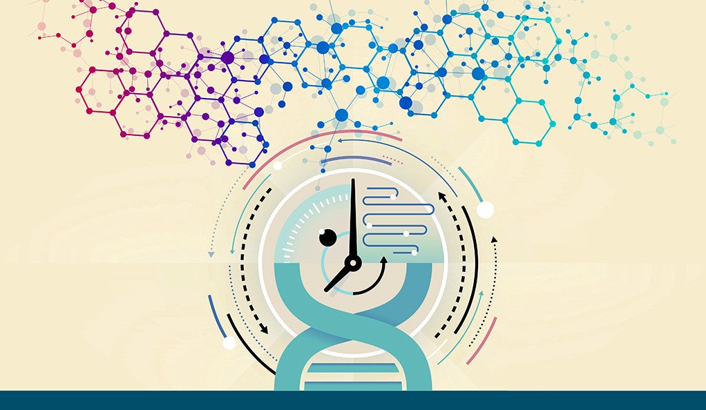 An illustration combining elements of chemical bonds, a clock, and a DNA double helix.