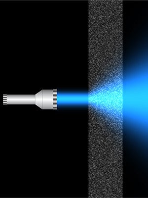 Diagram of flashlight shining onto scattering medium, with light diffusing in longitudinal and lateral directions.