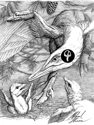 illustration of bird like dinosaur with their babies.