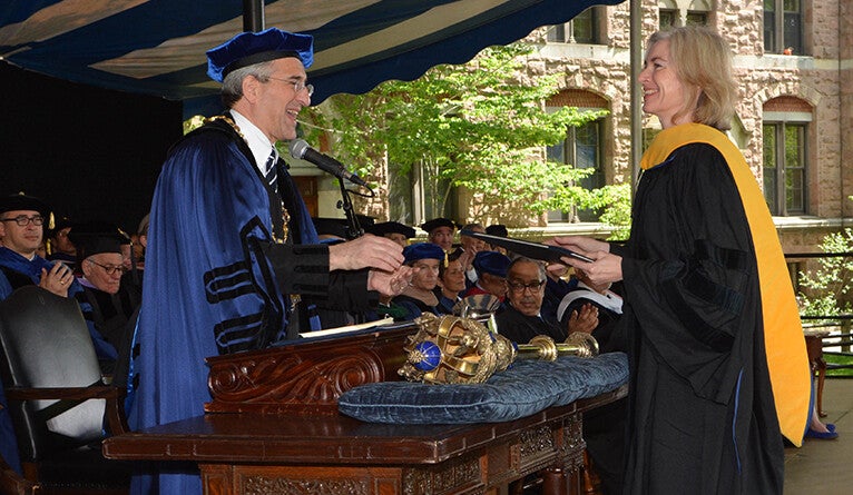 Doudna receives an honorary doctorate from President Peter Salovey in 2016.