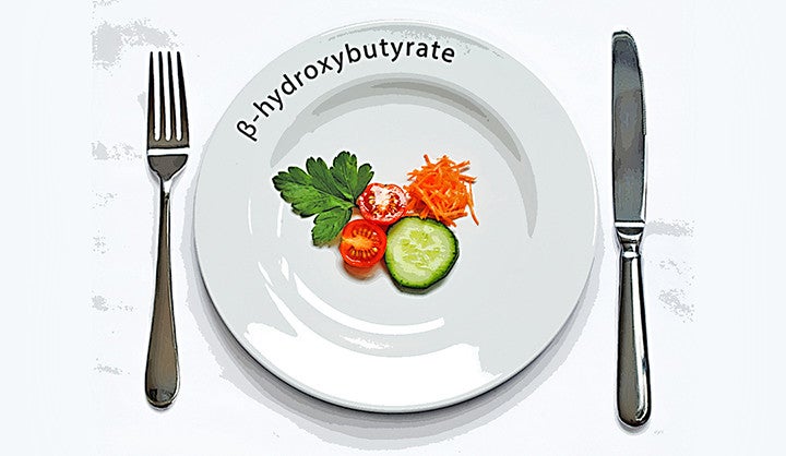 A place setting with a small amount of vegetables, and 'β-hydroxybutyrate' written on the edge of the plate.