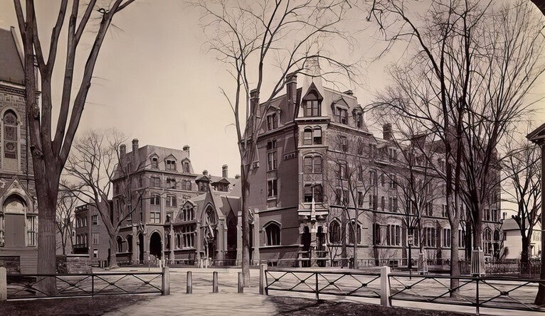 The Yale Divinity School circa 1872 at its previous location on the corner of Elm and College streets