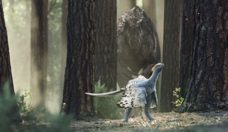 A small feathered dinosaur being stalked by a huge predator