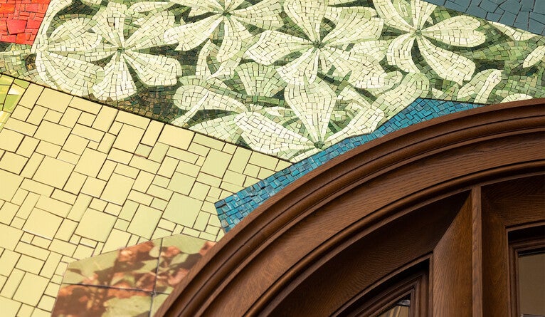 Tiled depictions of flowers, plants, leaves, and abstract shapes.