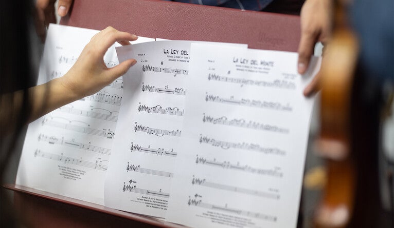 Sheet music for a mariachi song on a music stand